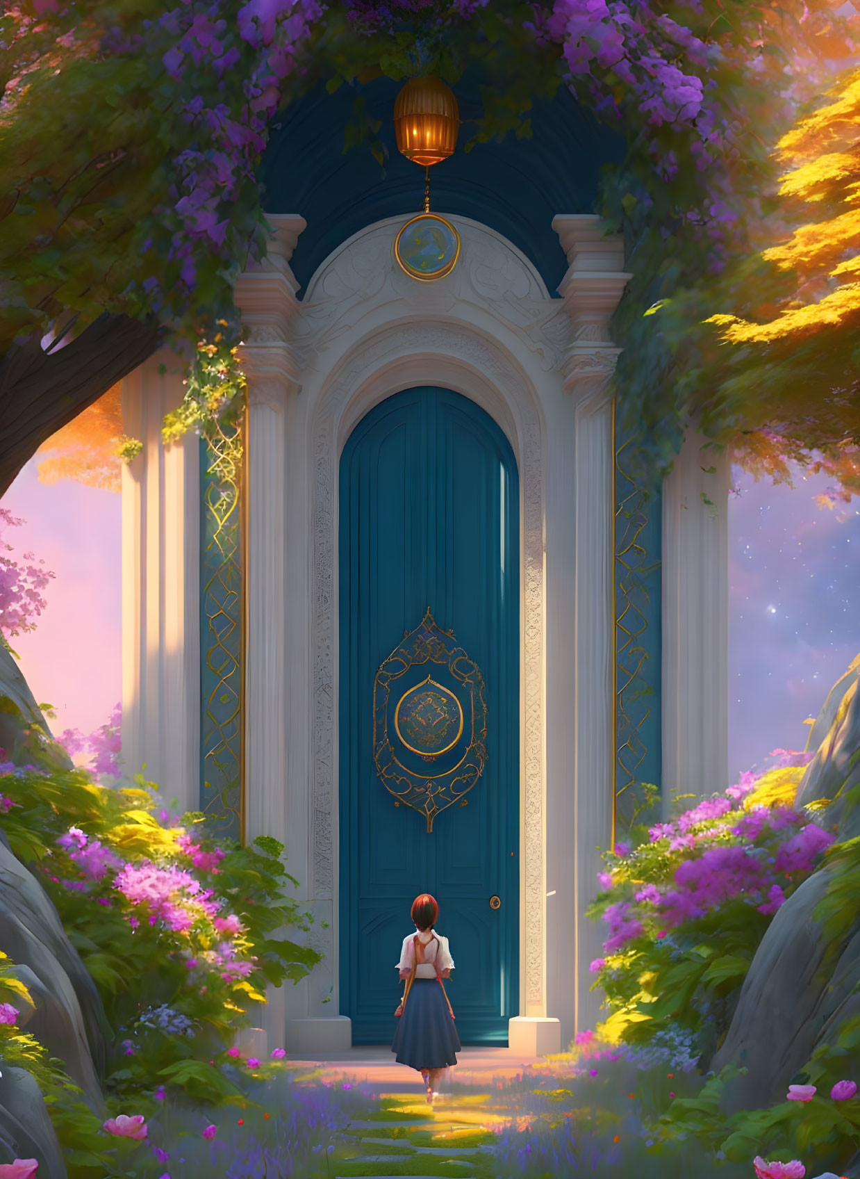 Child standing before ornate turquoise door in magical garden with floating lantern and twilight sky.