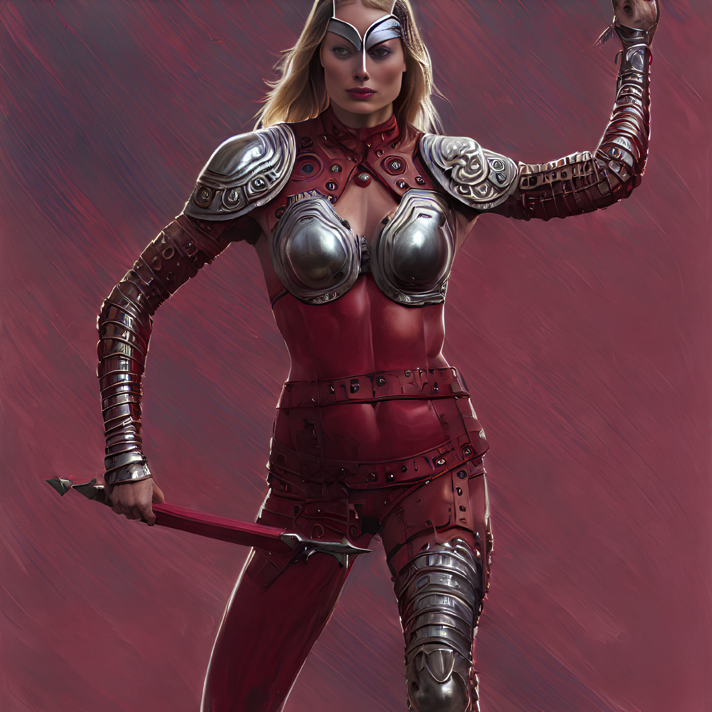 Female warrior in red and silver armor holding a spear on crimson backdrop