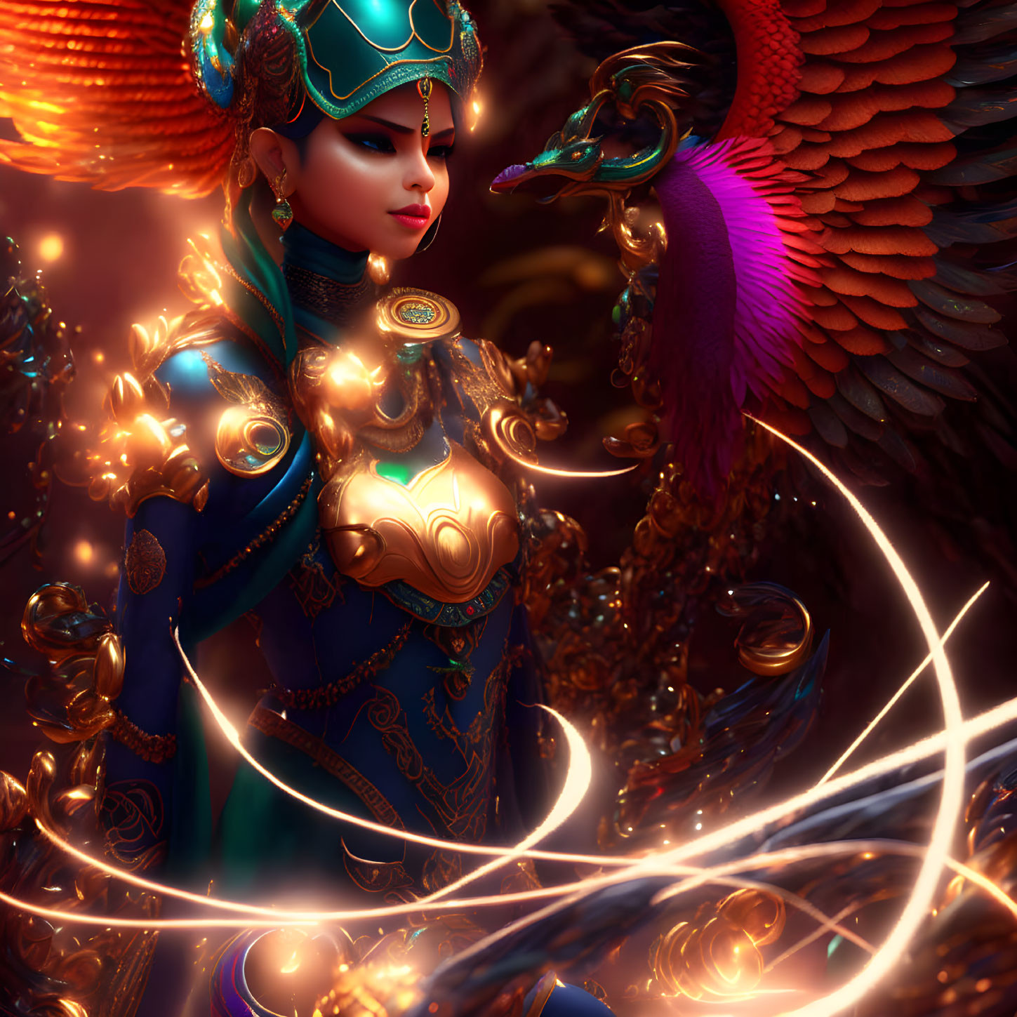 Digital artwork of woman in ornate golden armor with peacock elements