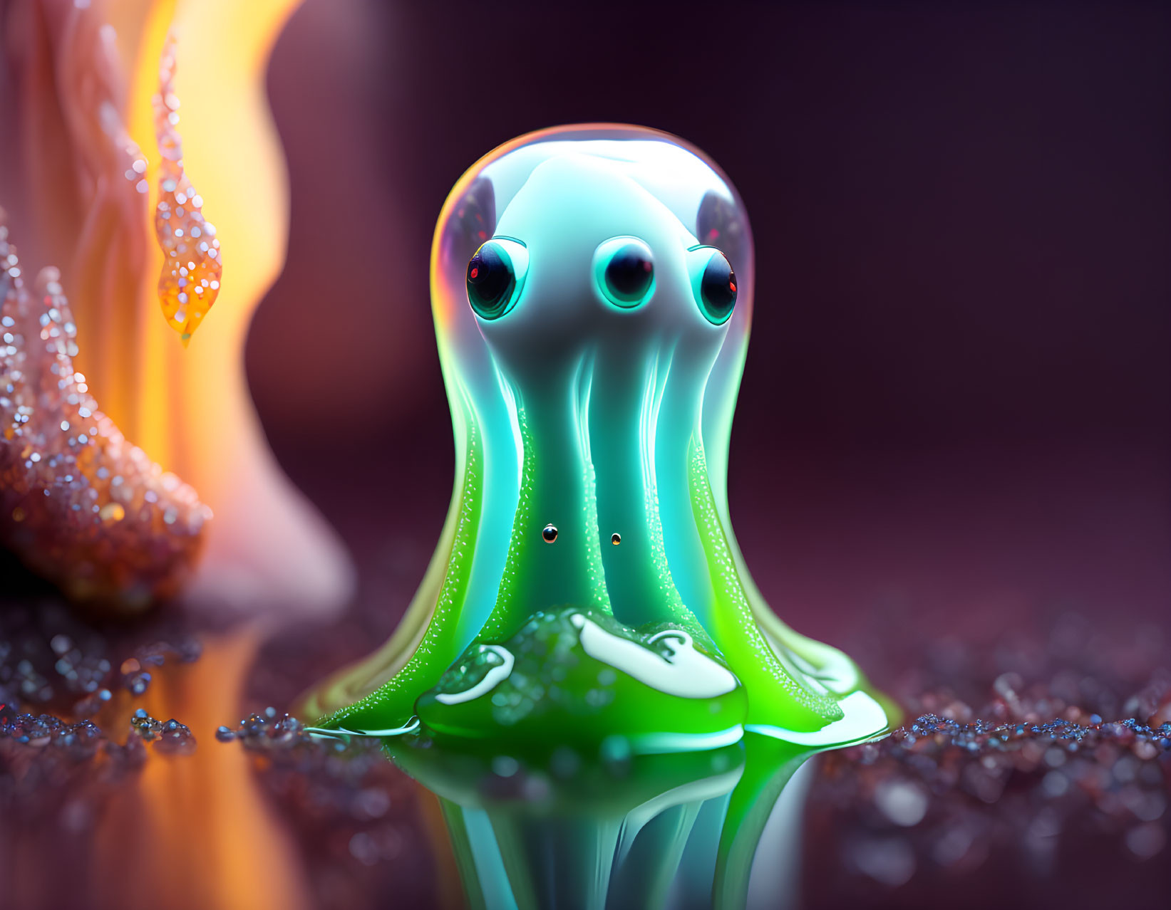 Shiny green slug-like creature with expressive eyes in warm lighting