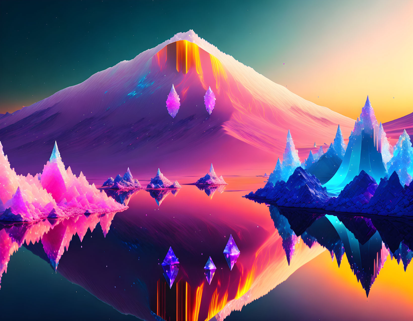 Surreal landscape with neon crystals and lava mountain