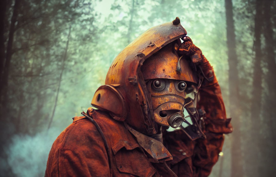 Vintage diving suit figure adjusts helmet in misty forest