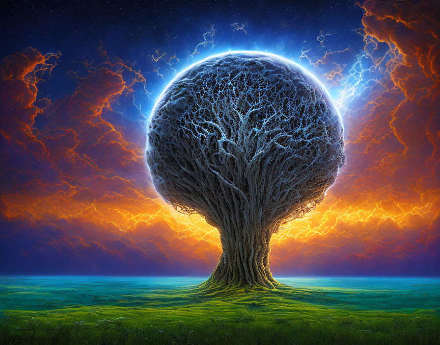 Mystical tree with intricate branches under cosmic sky surrounded by lightning and celestial bodies.