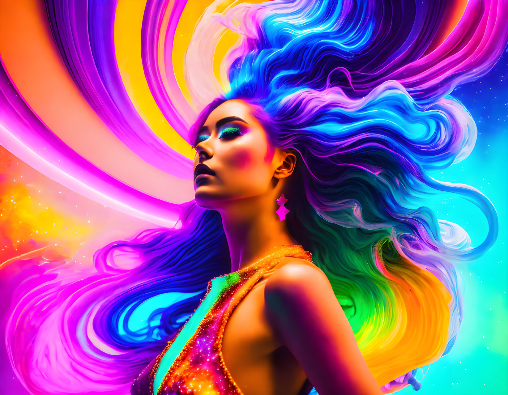 Colorful digital artwork: Woman with flowing, neon hair in psychedelic swirls