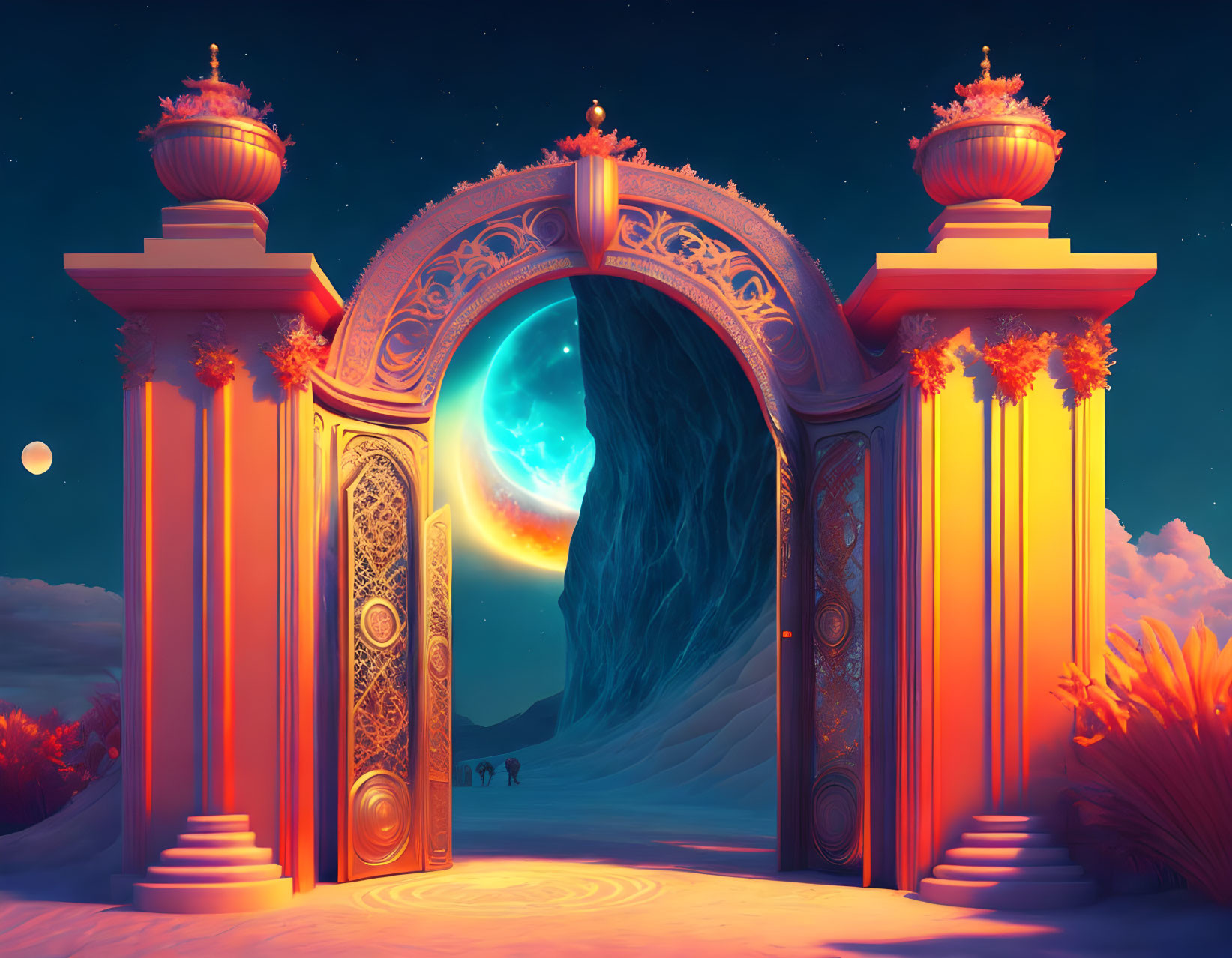 Ornate archway on surreal landscape at twilight with silhouetted figures