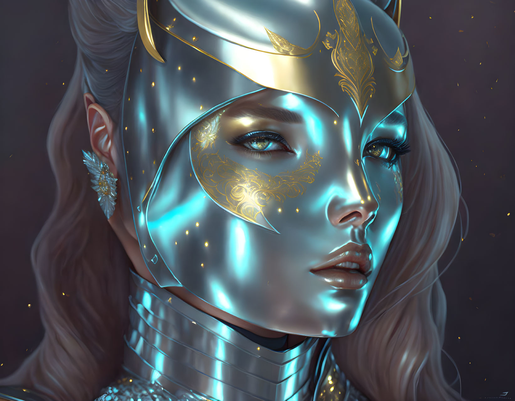 Digital art portrait of woman with glowing blue eyes in golden helmet and metallic suit