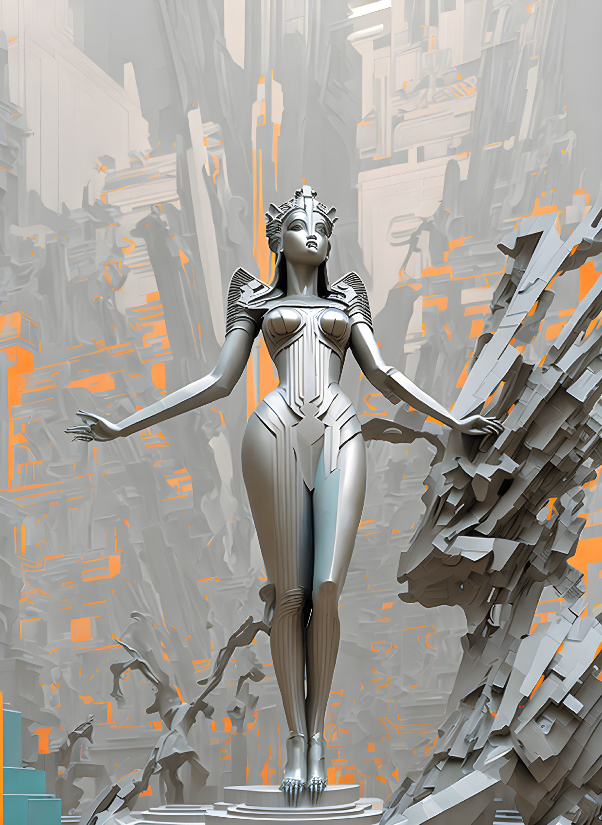 Futuristic robot queen in regal pose among shattered structures