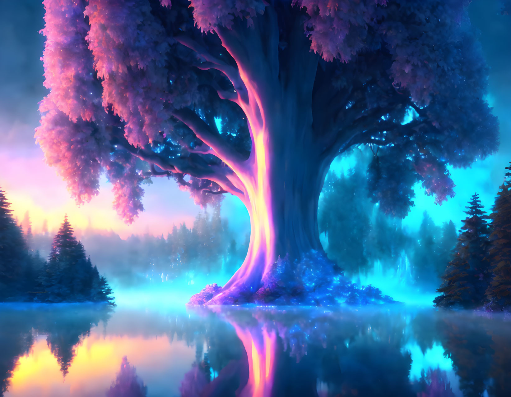 Mystical glowing tree with pink foliage near reflective water in misty forest