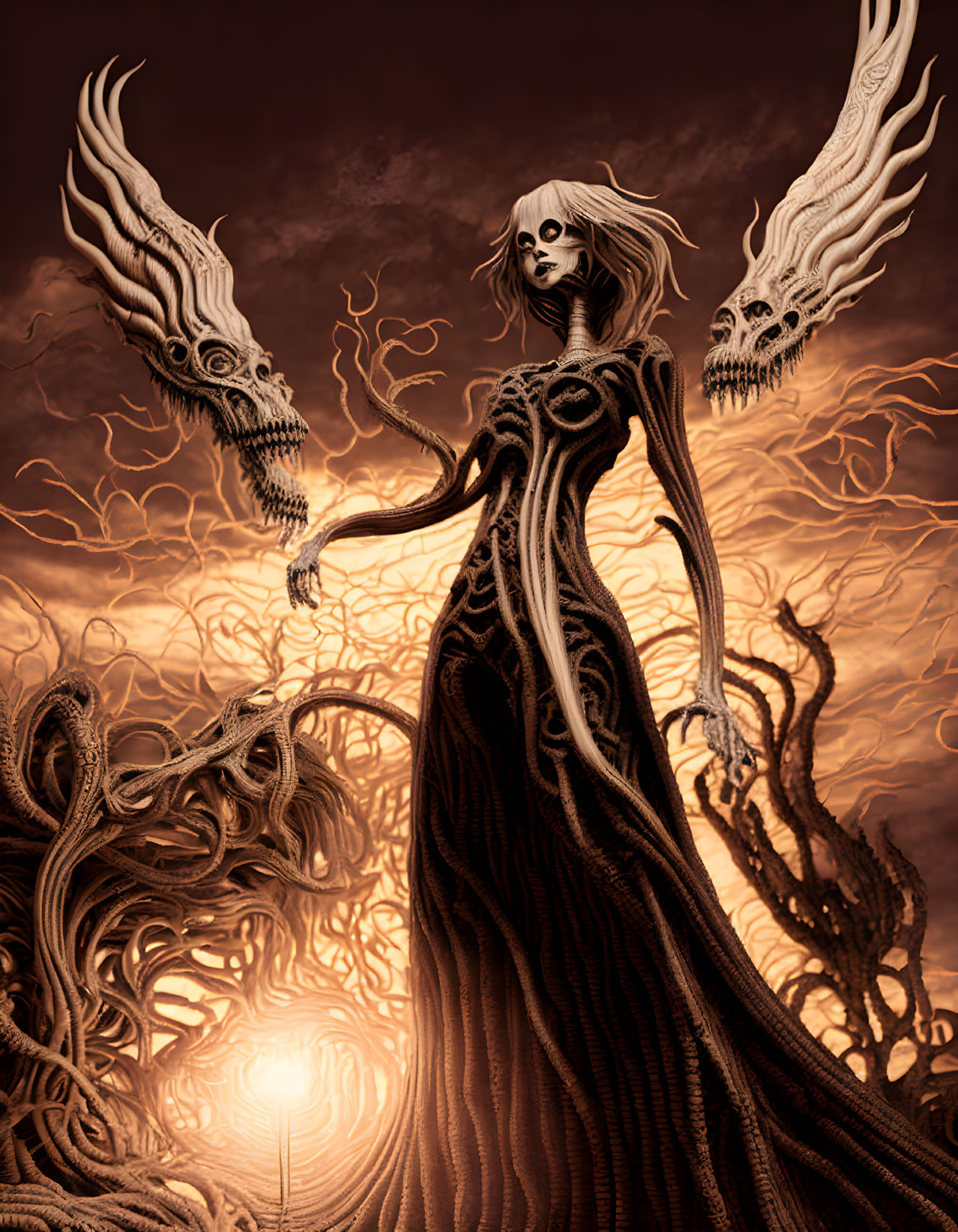 Gothic image featuring pale woman, skeletal creatures, twisted trees, fiery sky