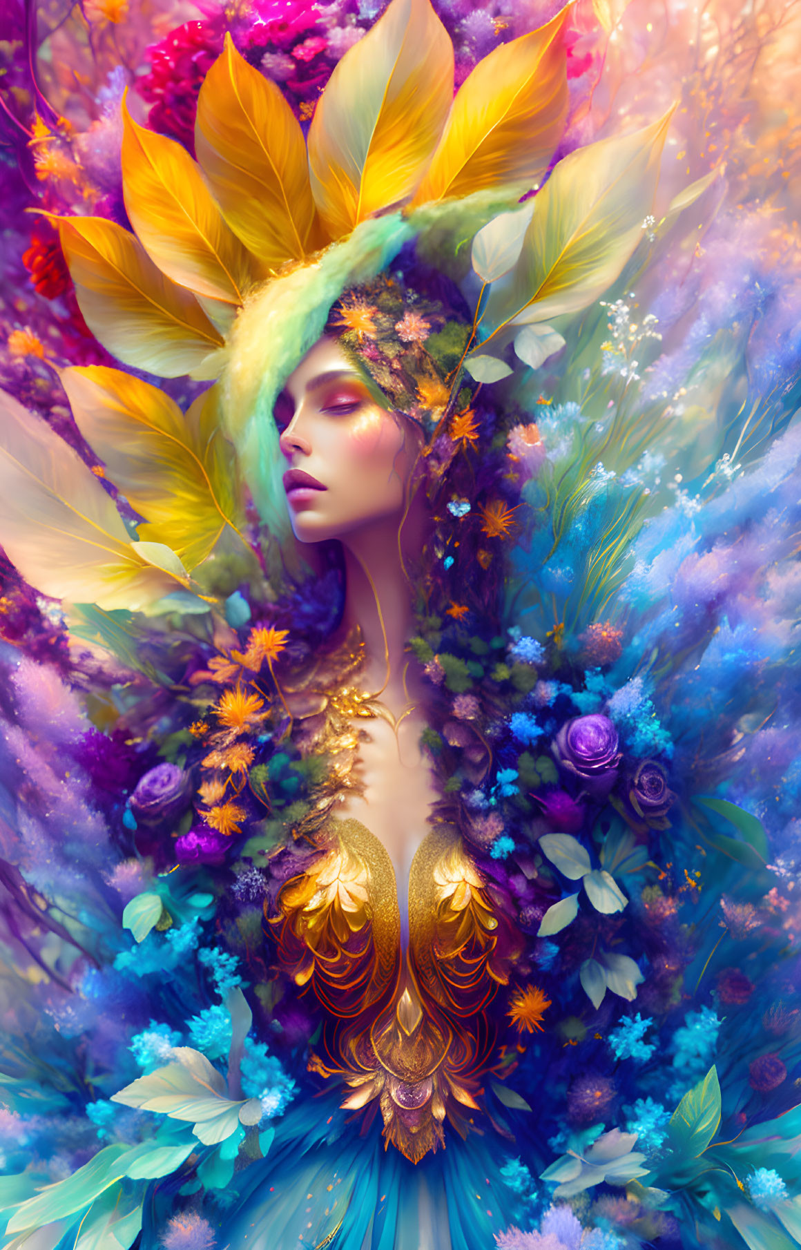 Fantasy portrait of a woman with vibrant flowers and leaves