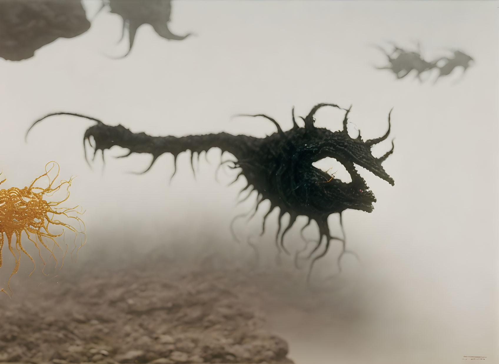 Dark surreal creatures with tentacles above misty rocky landscape