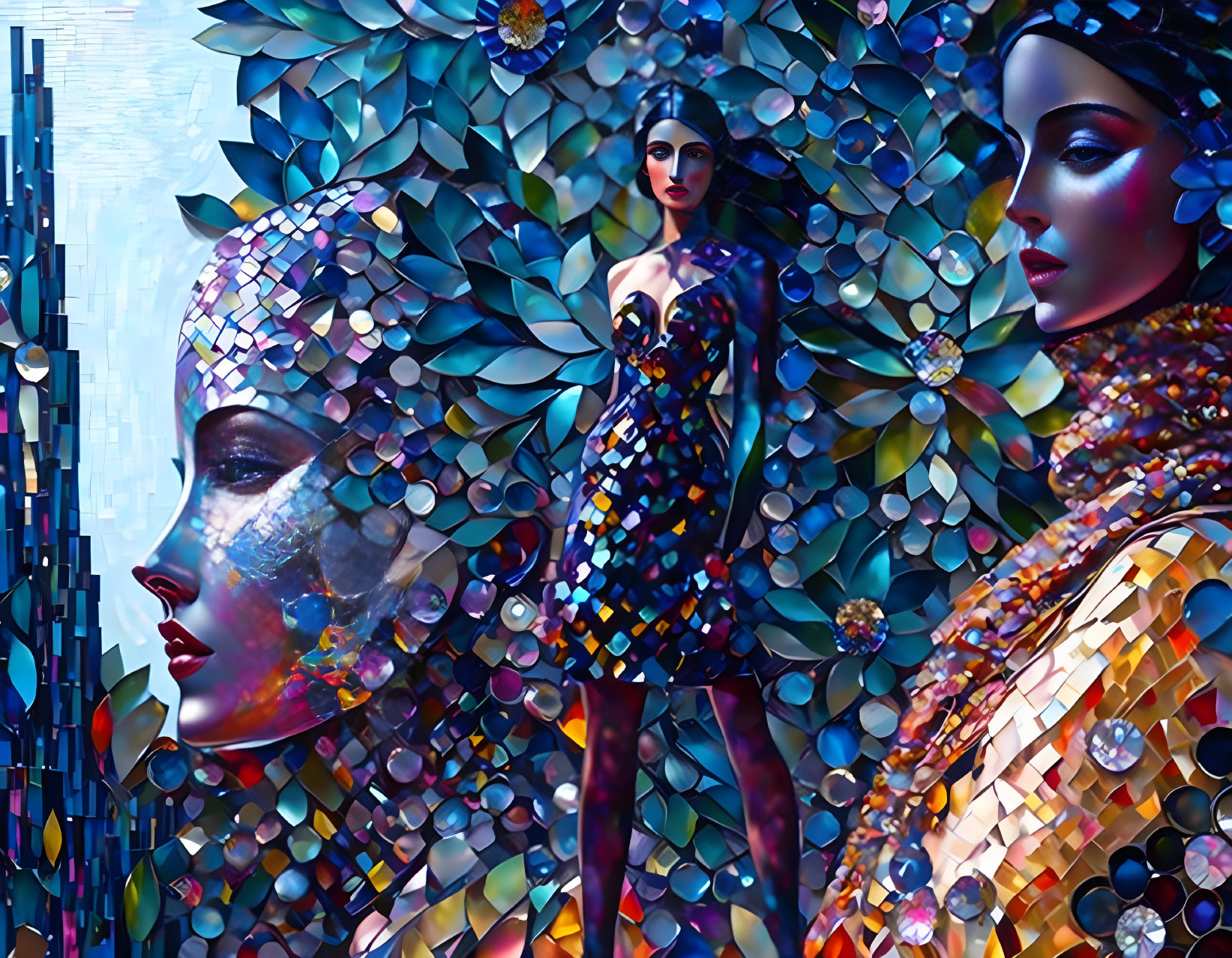 Colorful digital artwork: Women with mosaic designs in iridescent floral and geometric backdrop