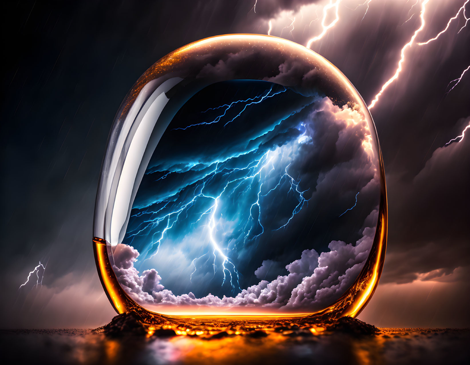 Crystal ball reveals vibrant lightning storm in dark clouds