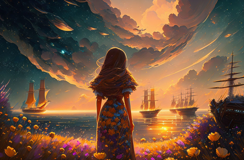 Young woman in floral dress admiring ships in vibrant flower field seascape