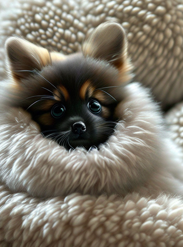 Fluffy Pomeranian puppy with bright eyes in cozy knit blanket