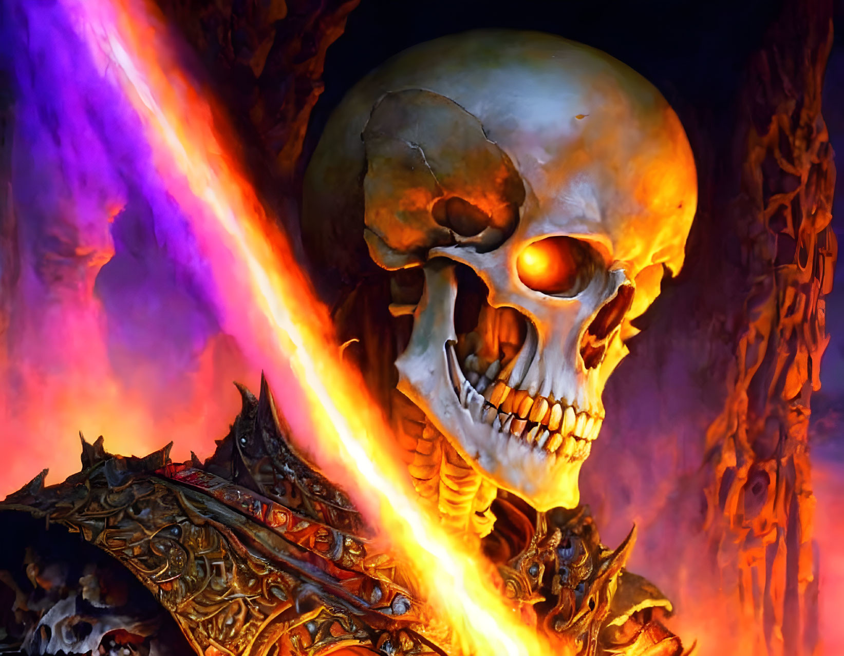 Glowing-eyed skull in fiery colors on dark, eerie background