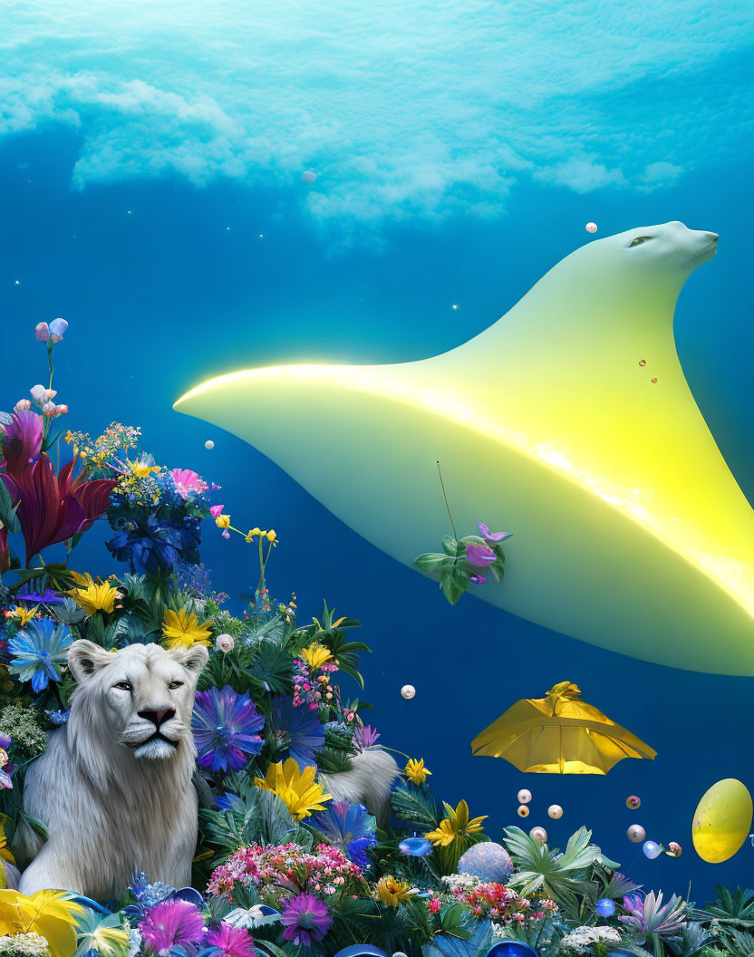 Surreal underwater lion with vibrant flowers and glowing manta ray