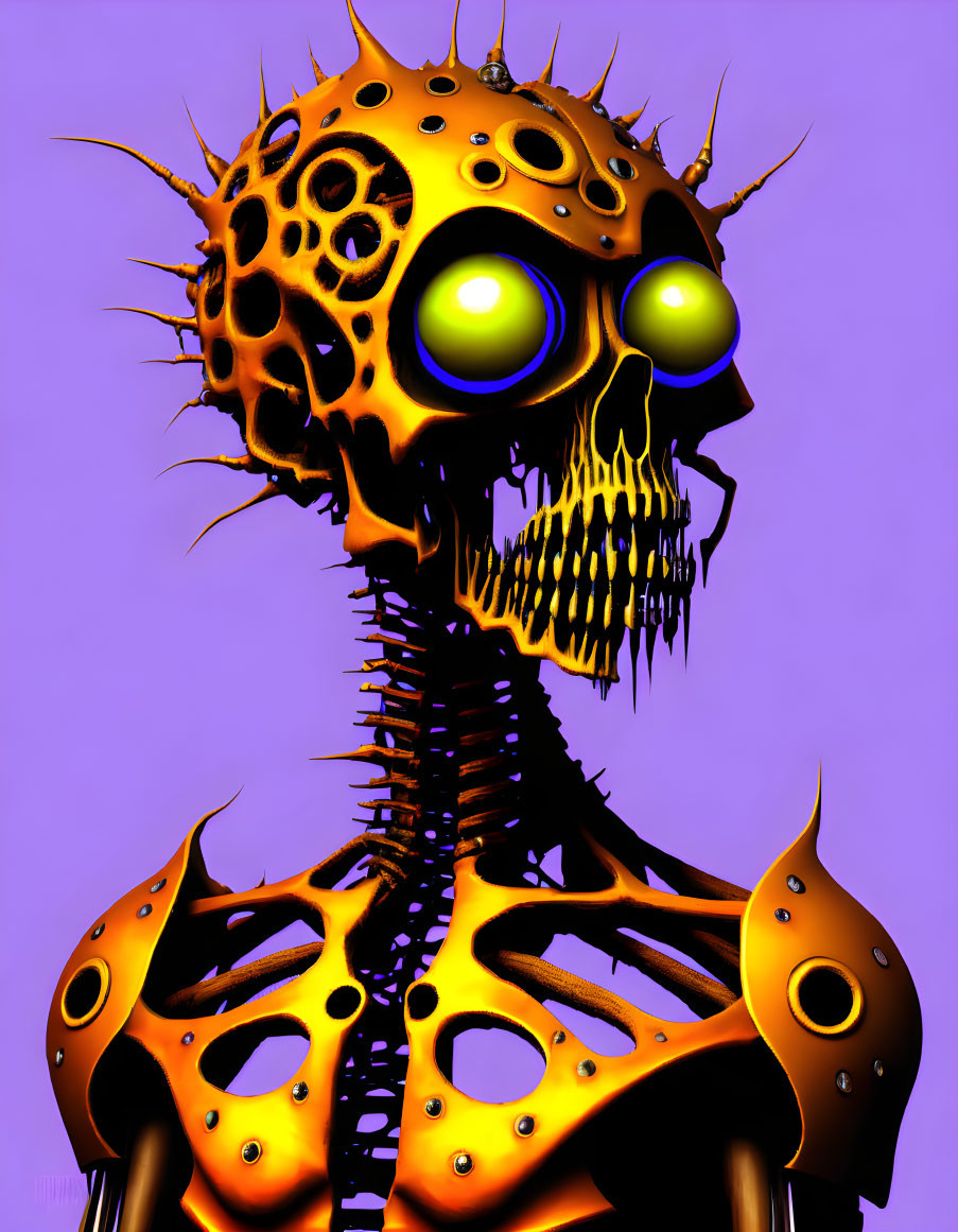 Digital artwork: Skeletal figure with spiky head, glowing eyes, and purple background