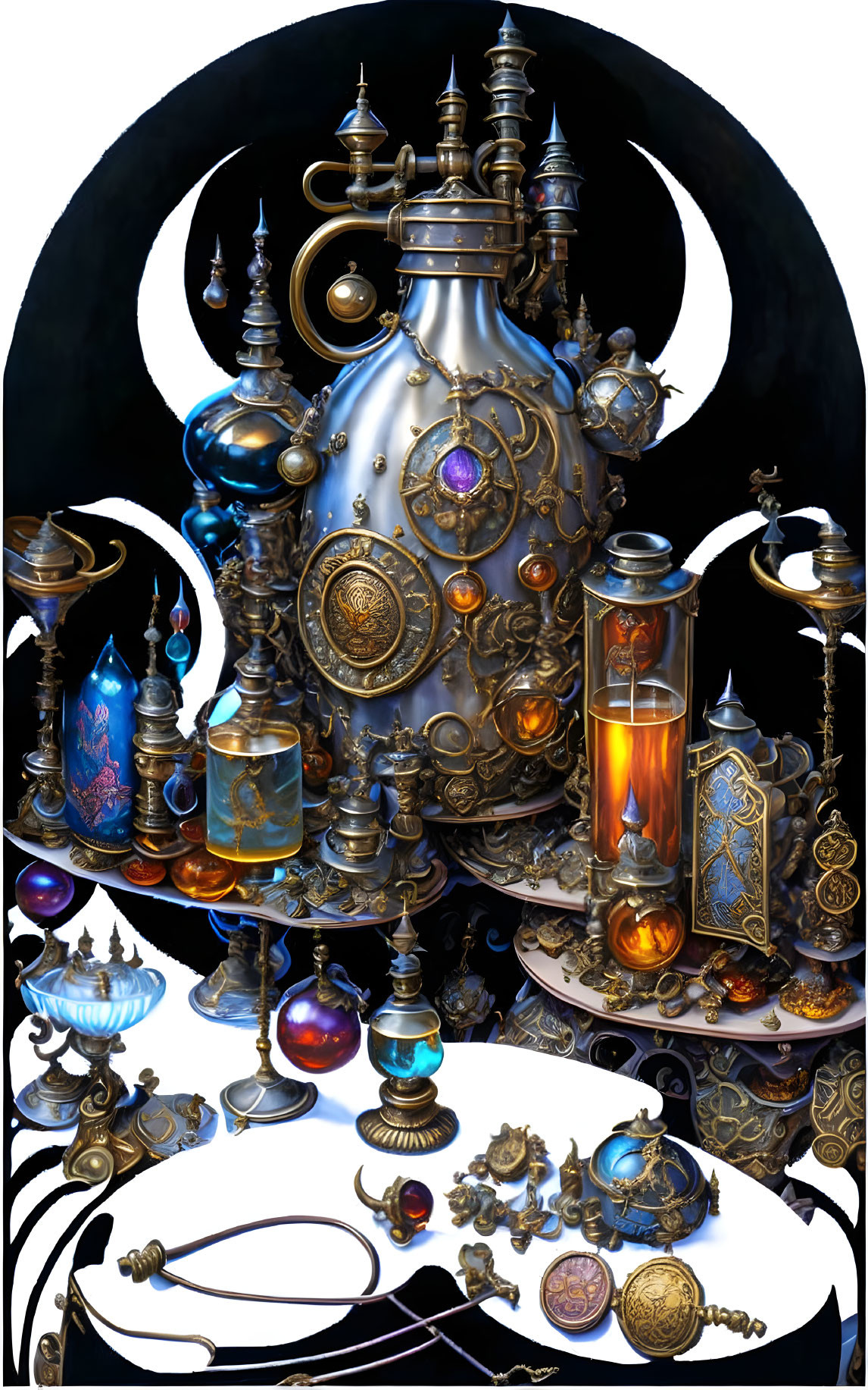 Intricate Fantastical Artifacts with Glowing Gems and Dark Moon Motifs