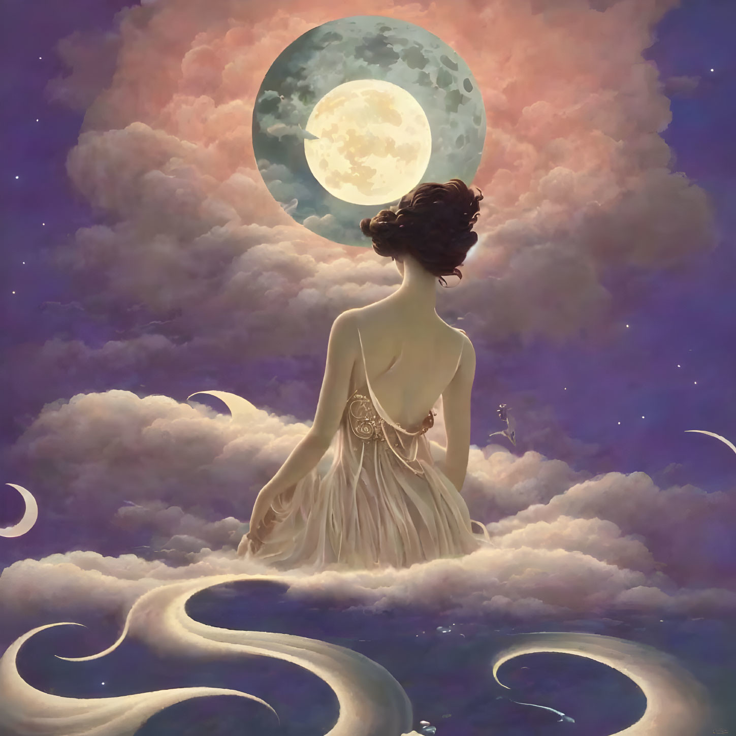 Woman Sitting on Clouds Gazing at Moon in Purple Sky