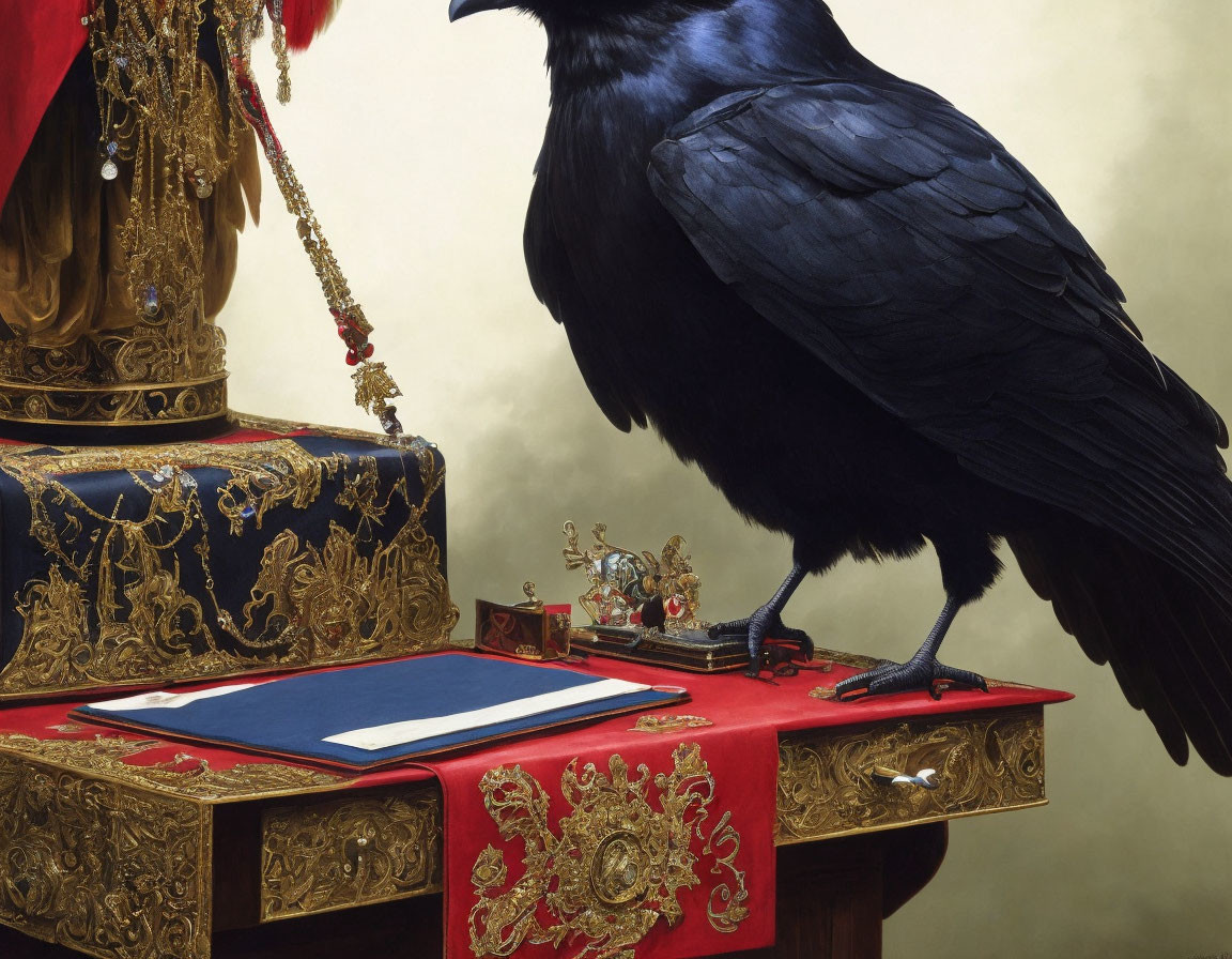 Black Raven on Red and Gold Table with Armchair, Blue Book, and Golden Objects