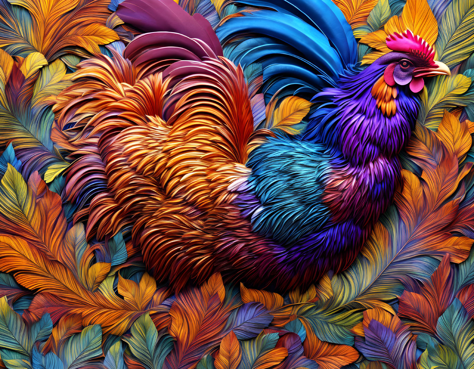 Colorful Rooster Artwork with Rich Textures and Vibrant Feathers