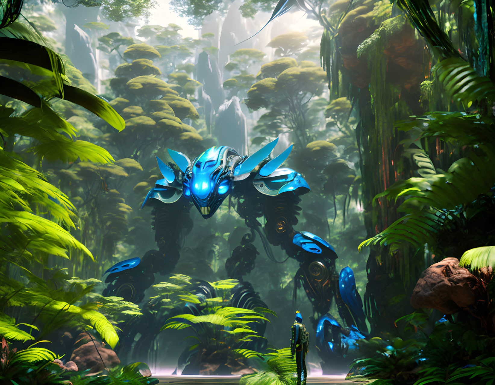 Blue futuristic mech in lush jungle with towering trees