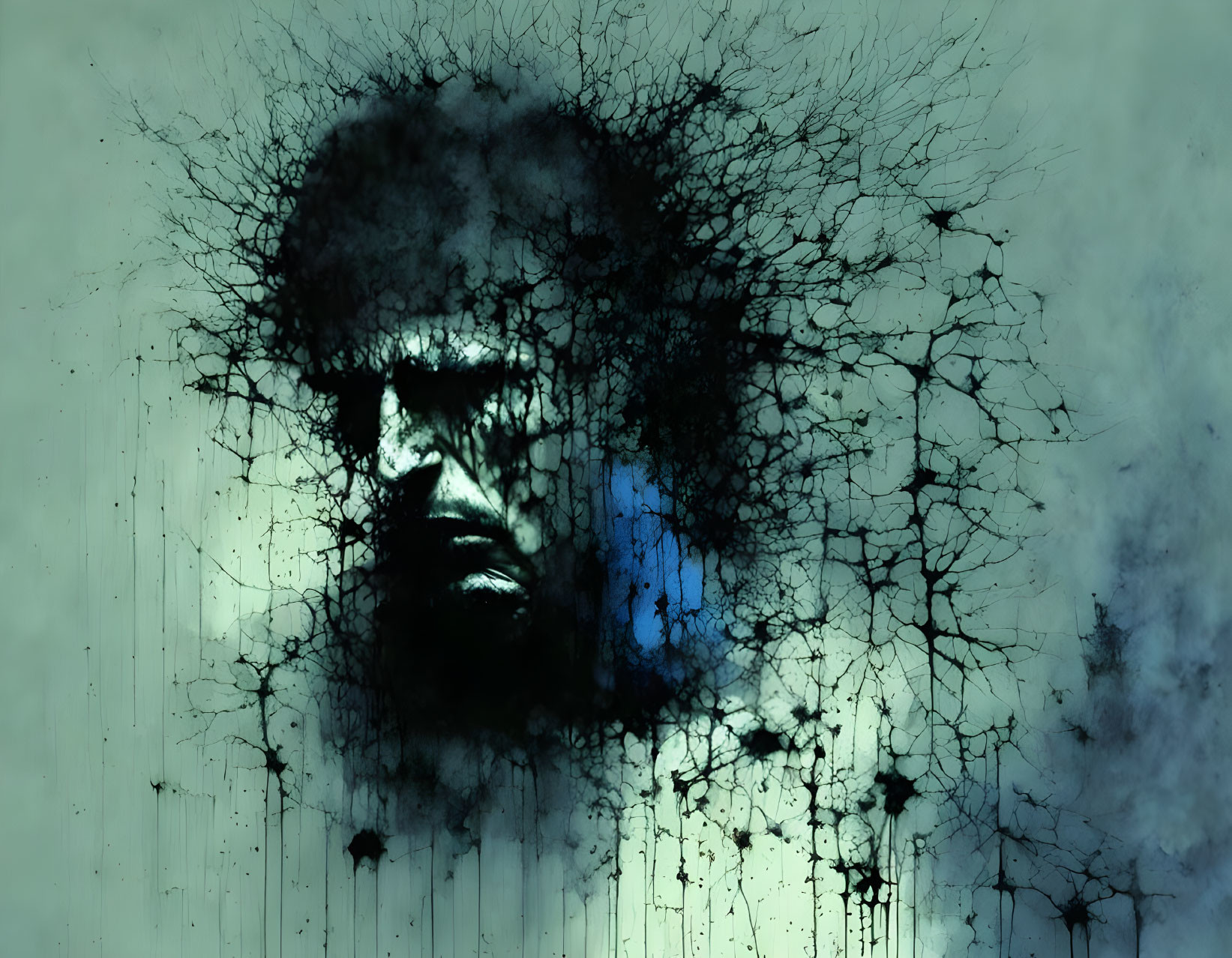 Abstract Human Face Emerges from Dark Cracks on Blue & Black Background