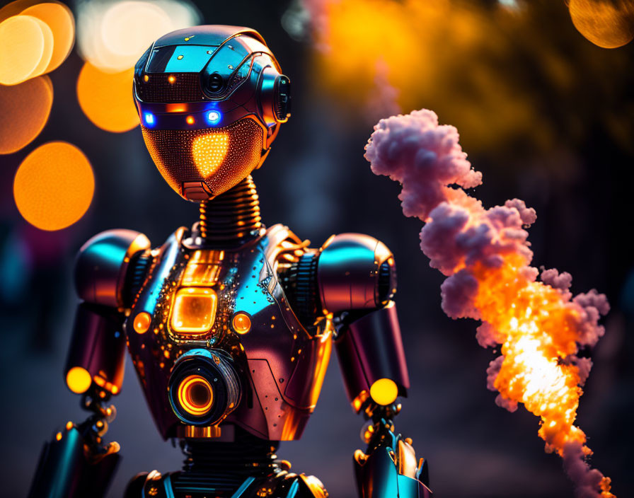 Intricate futuristic robot exhales smoke with warm bokeh lights