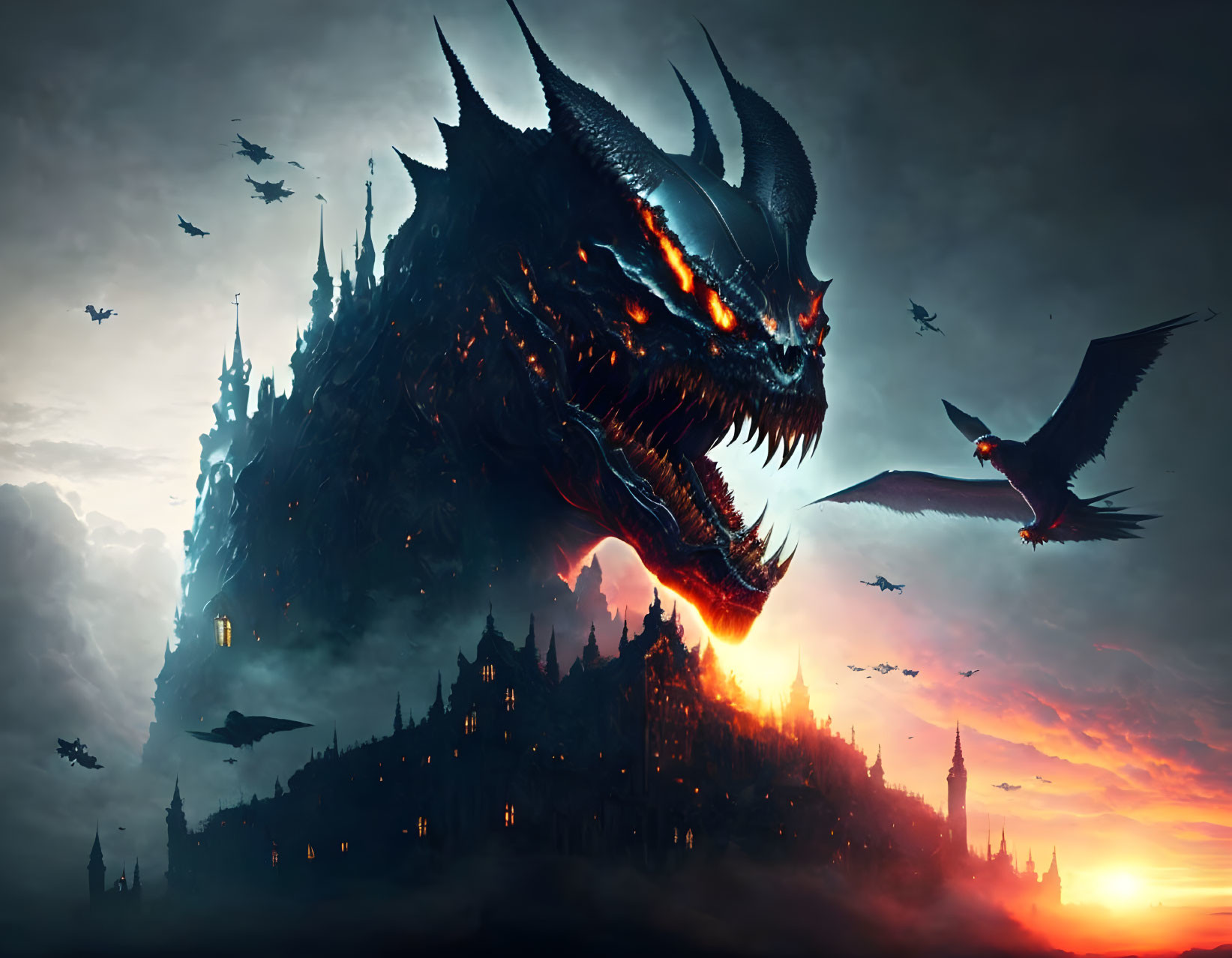 Glowing-eyed dragon on castle cliff with flying companions