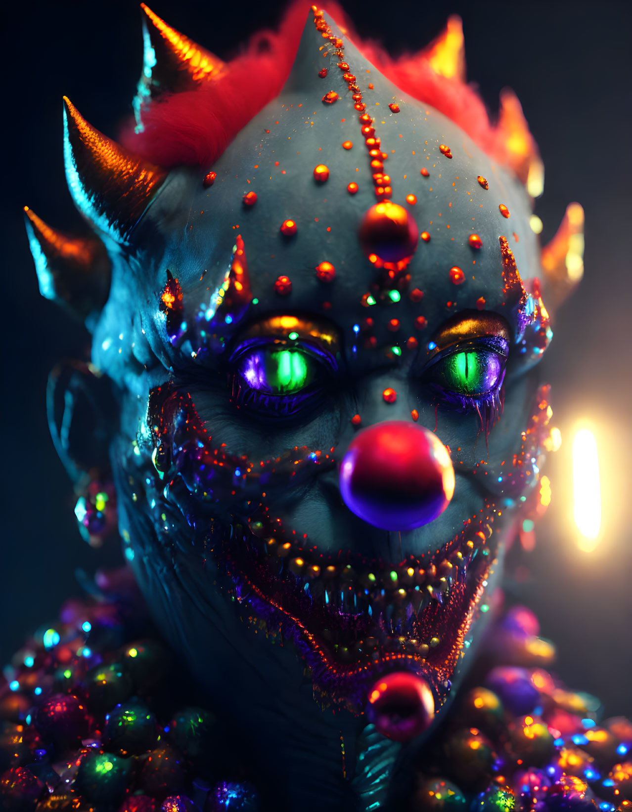 Colorful Textured Clown Face with Green Eyes and Red Horns under Moody Lighting