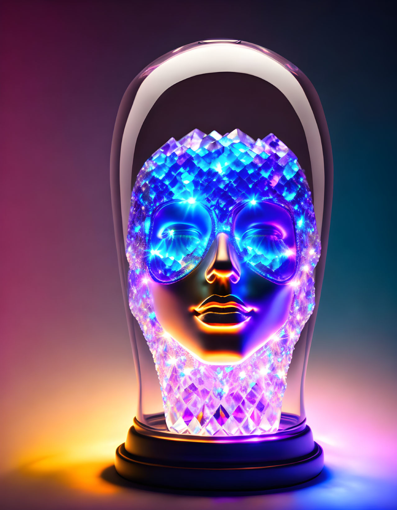 Colorful Digital Artwork: Crystalline Human Head with Blue Sunglasses on Gradient Background