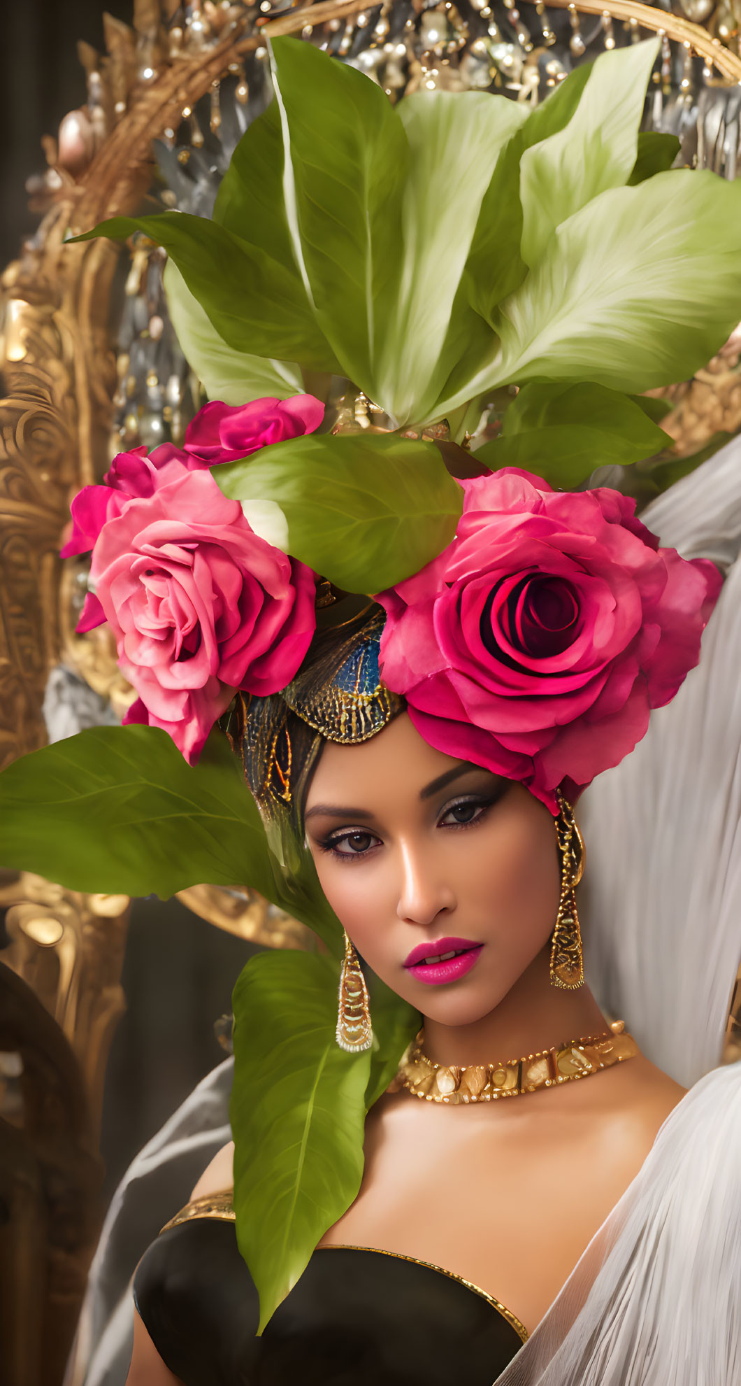 Woman in Vibrant Floral Headpiece and Golden Jewelry