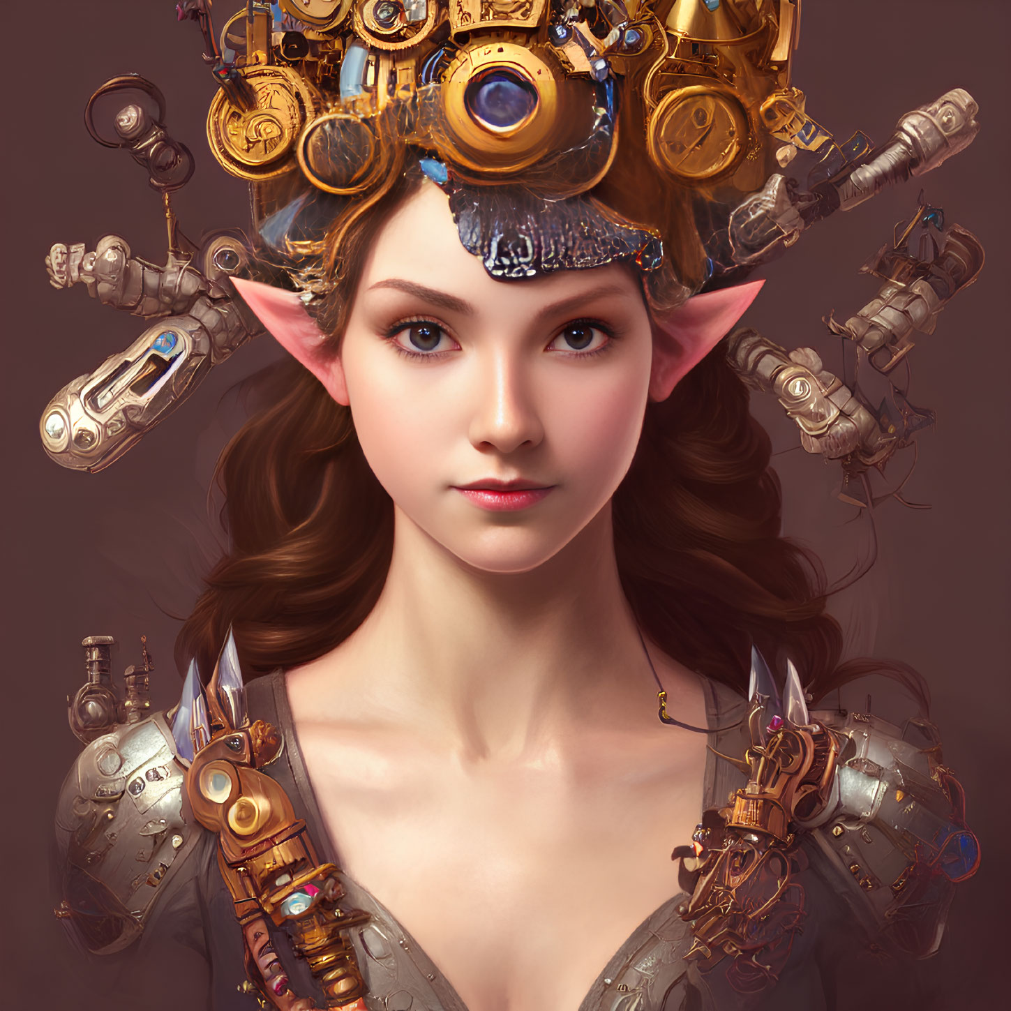 Fantasy portrait of woman with steampunk accessories and mechanical crown.