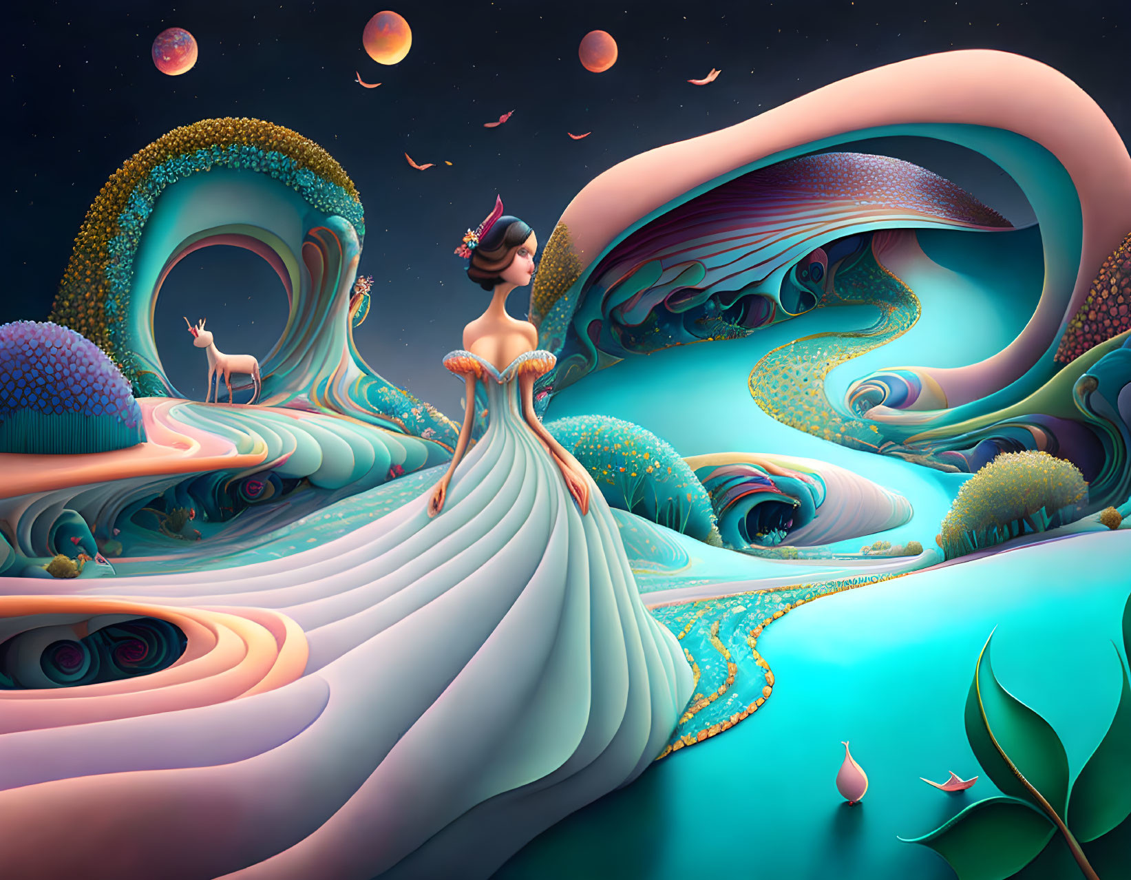 Colorful surreal illustration of a woman in an elaborate dress in whimsical landscape