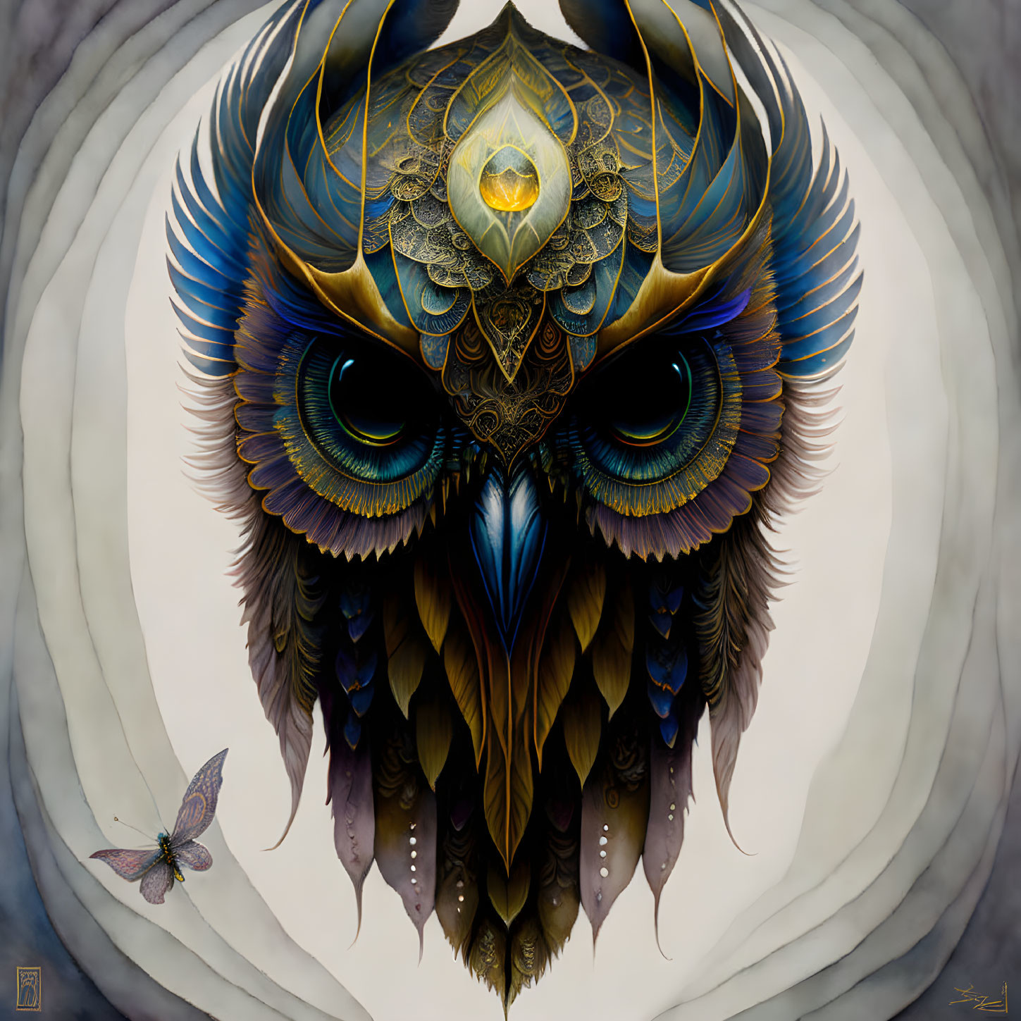 Detailed Owl Illustration with Golden Patterns and Forehead Gem, Alongside Butterfly