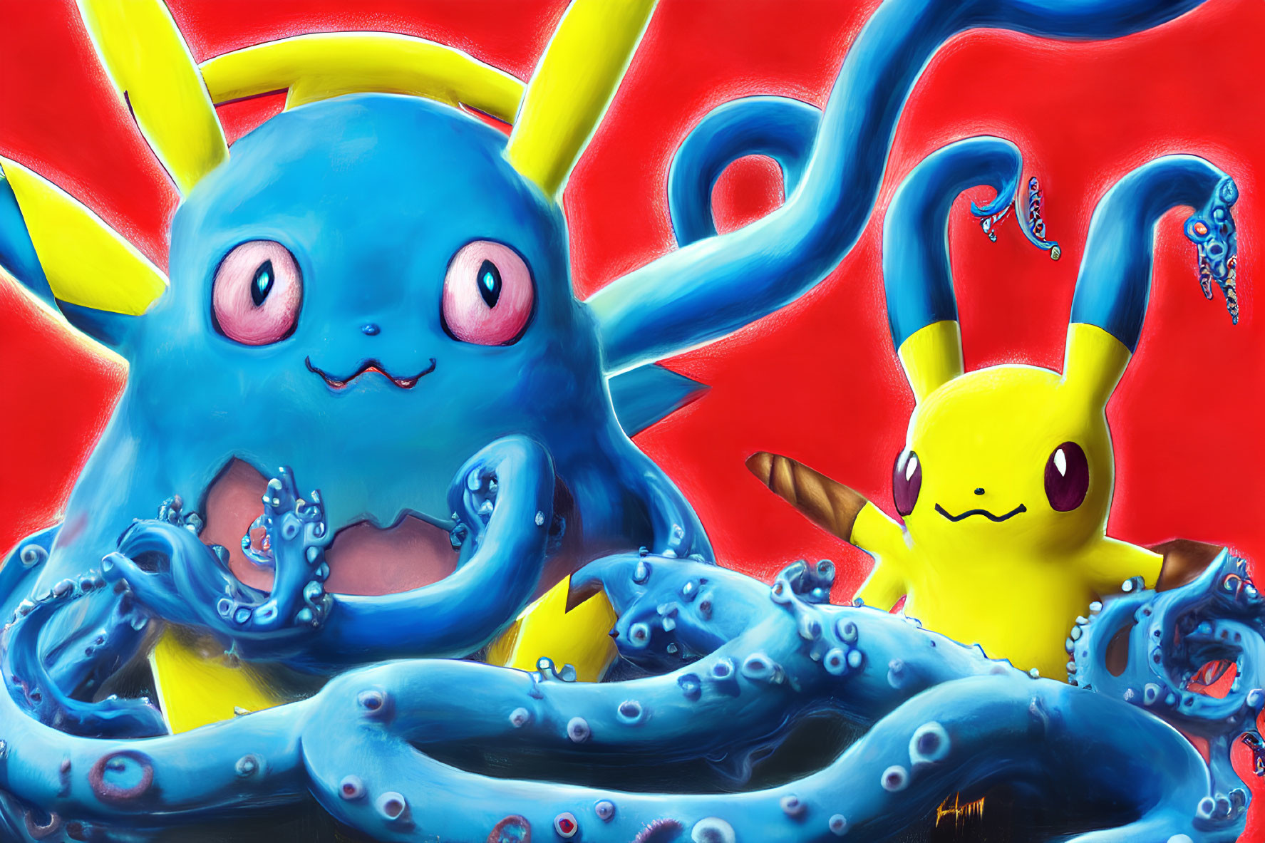 Illustration of Pokémon characters: blue octopus-like creature and yellow Pikachu.