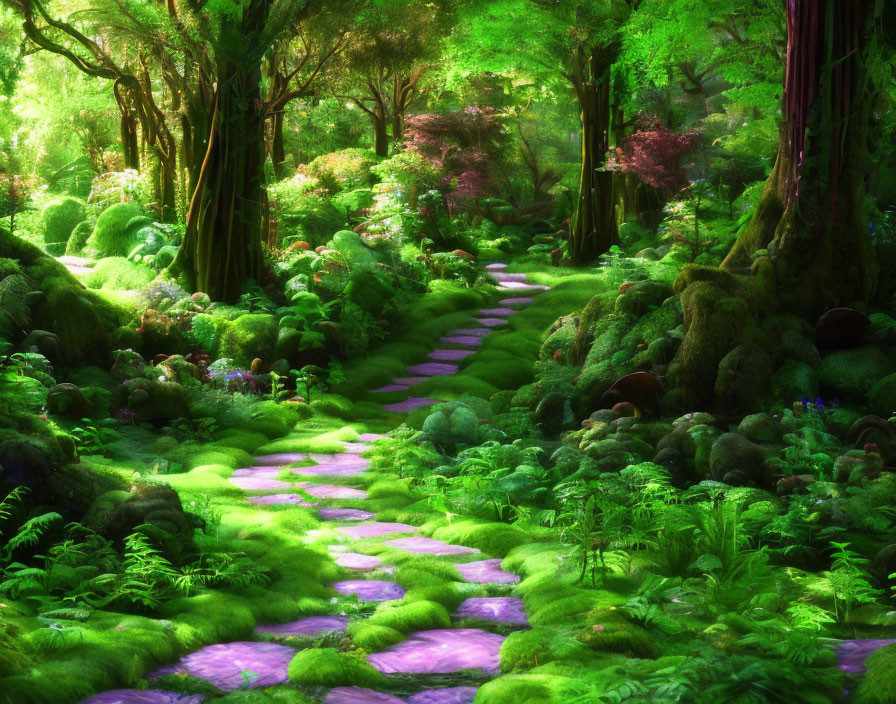 Enchanting forest pathway with green trees, moss-covered stones, and purple flowers