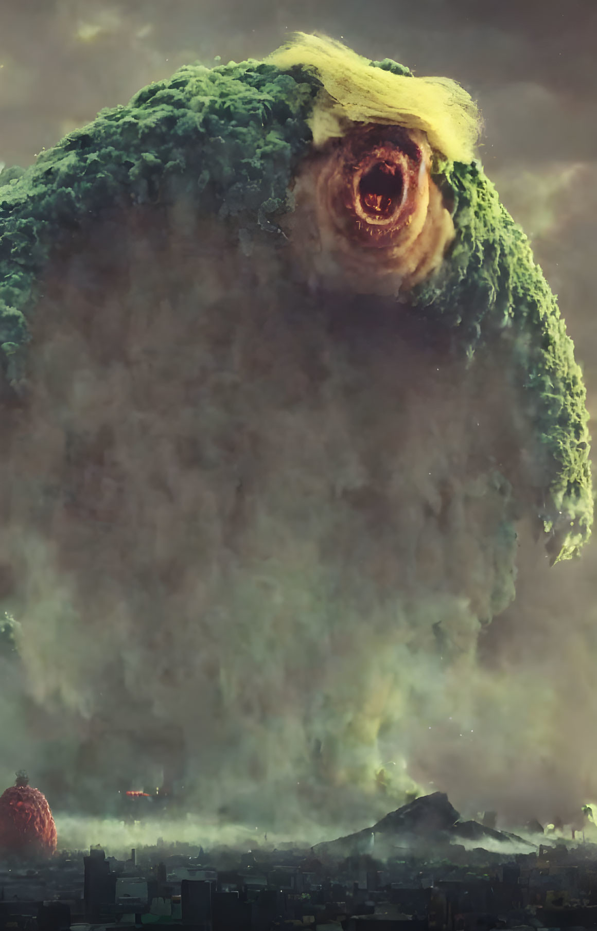 Giant moss-covered creature with glowing eye over dark cityscape chaos