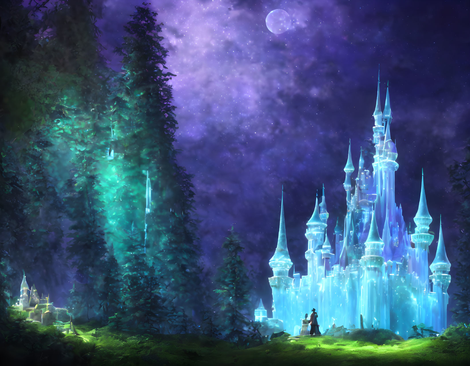 Enchanted night scene with glowing blue castle in forest under starry sky