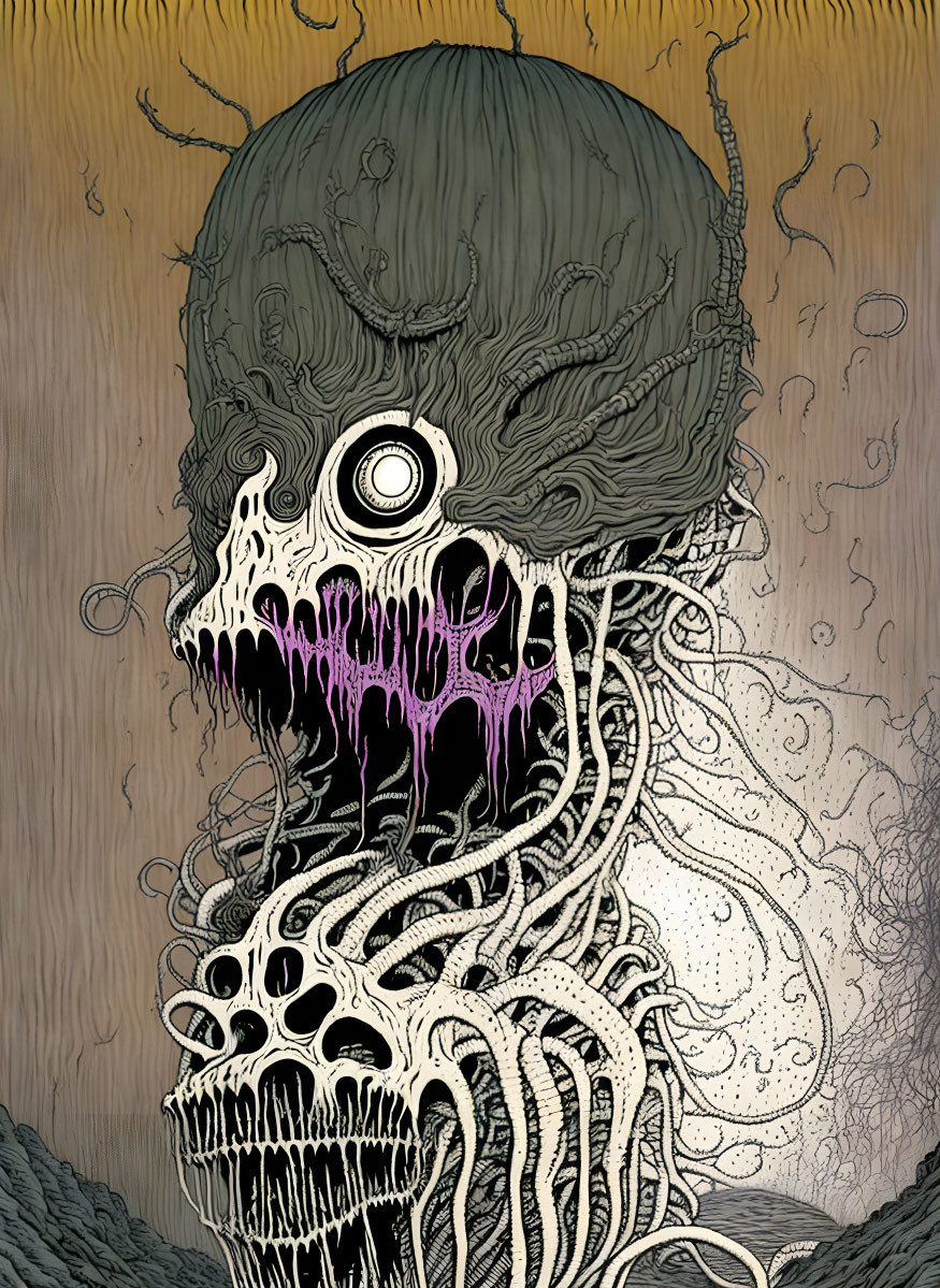 Fantastical creature with skull-like face and tentacles on wooden plank background