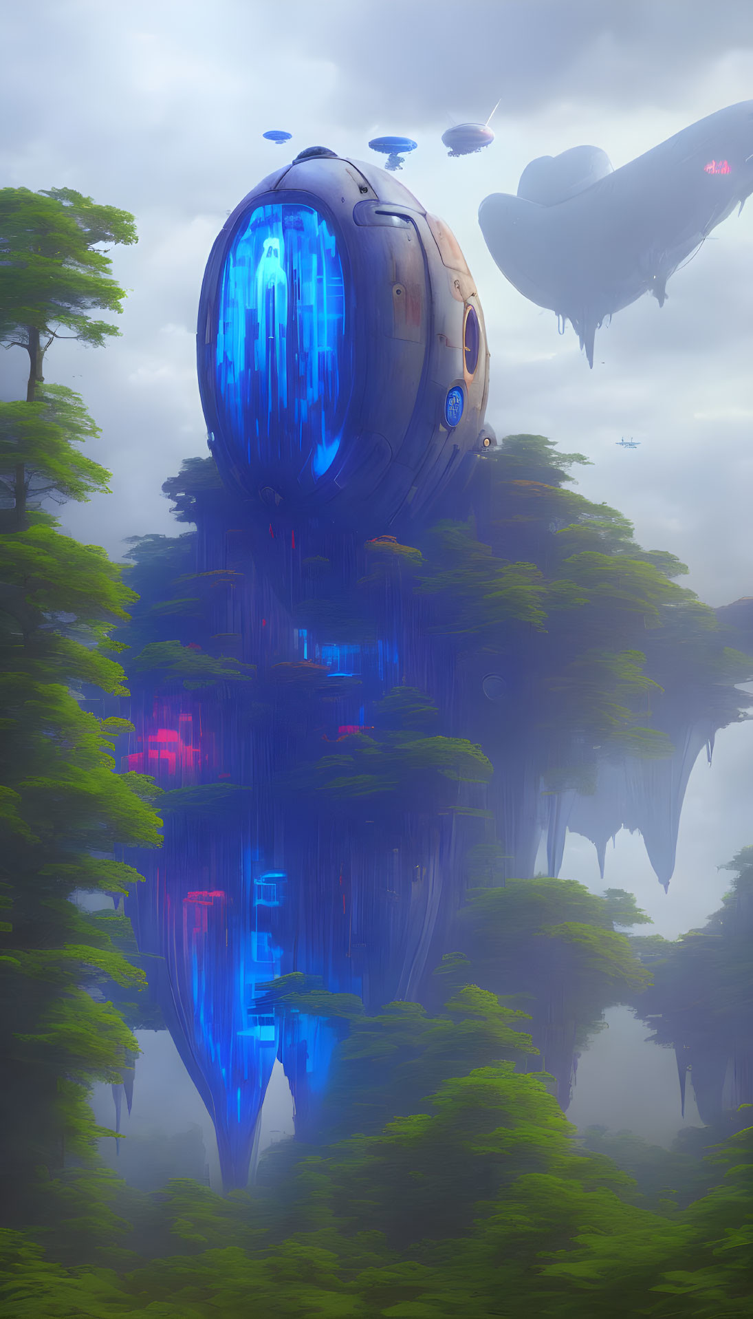 Blue spherical structure in misty forest with airships.