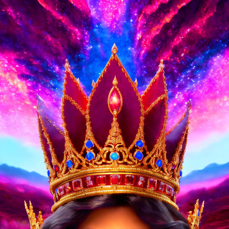 Golden Crown with Red and Blue Gemstones on Person's Head in Cosmic Nebula Background