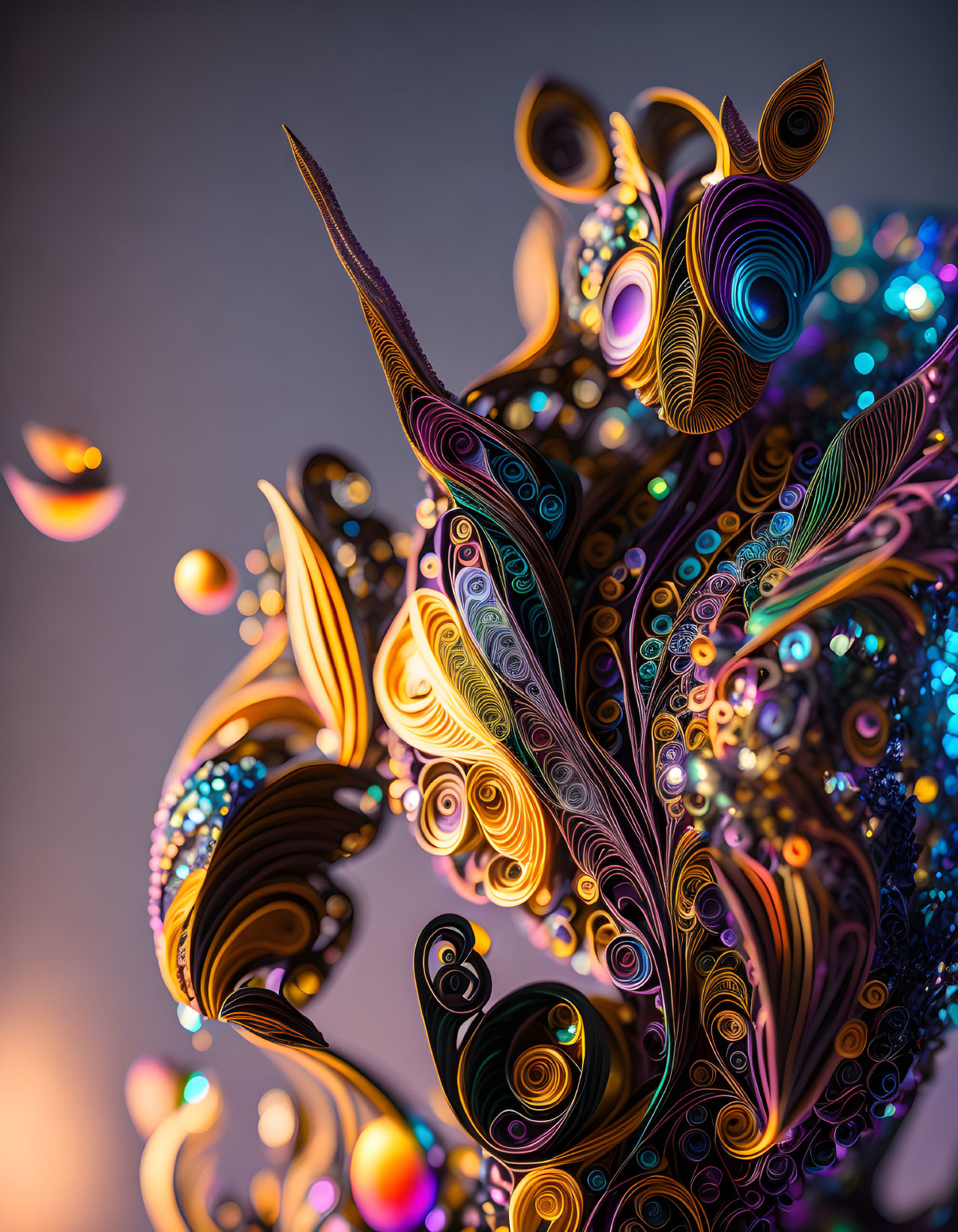 Colorful 3D digital art: Peacock motif with swirling patterns and iridescent bubbles