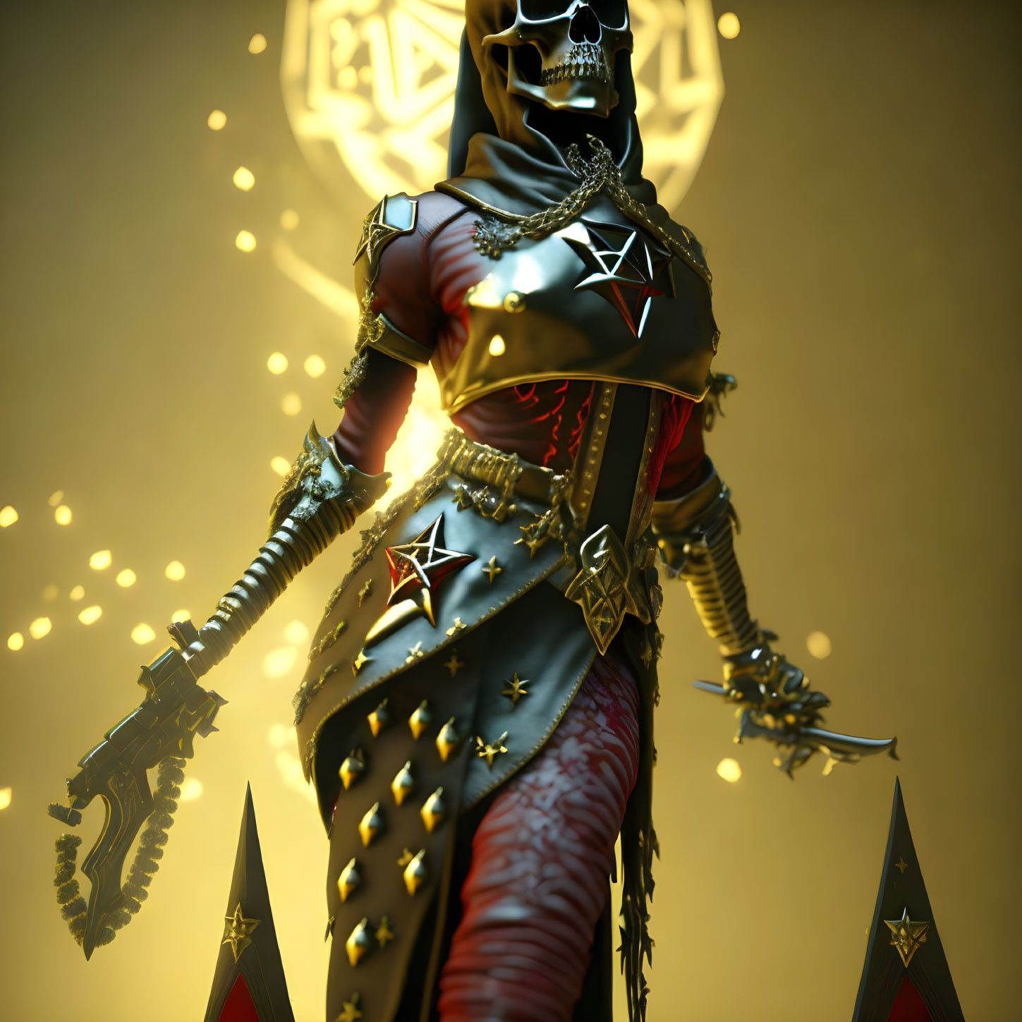 Skeletal figure in spiky armor with glowing symbols and sword in golden glow