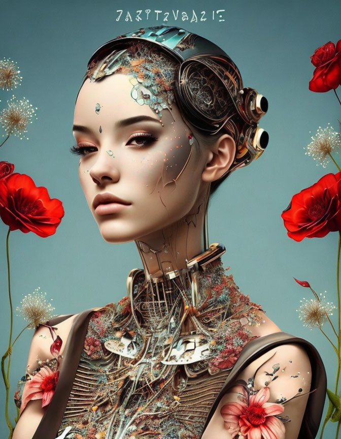 Female figure with human-robotic fusion and poppy motifs