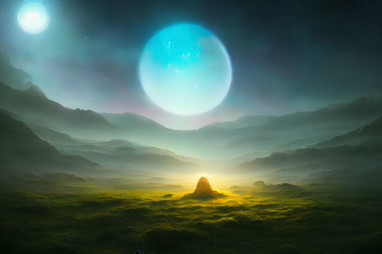 Fantastical landscape with glowing monolith, greenery, mountains, and celestial bodies