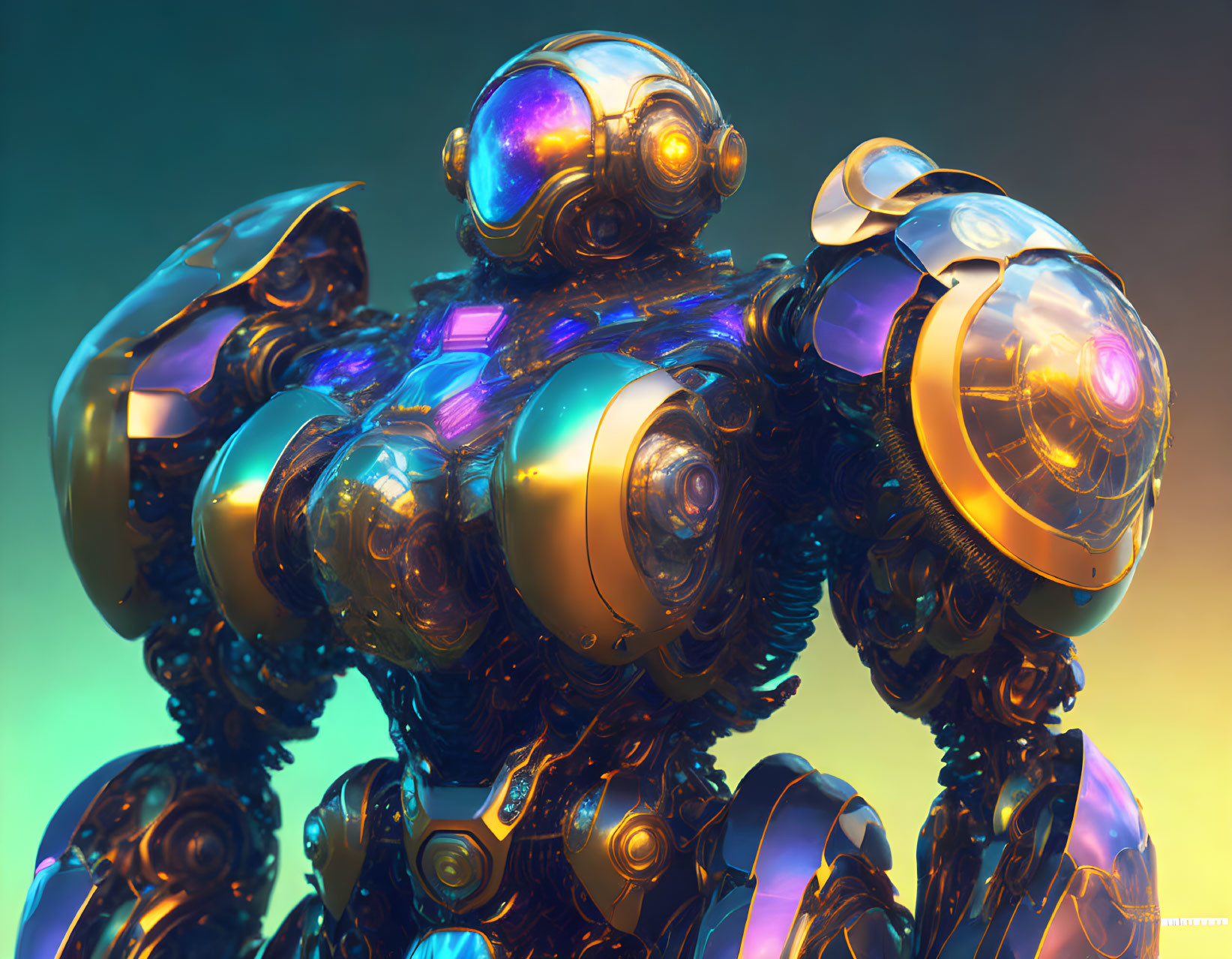 Detailed futuristic robot with iridescent surface on teal and orange backdrop