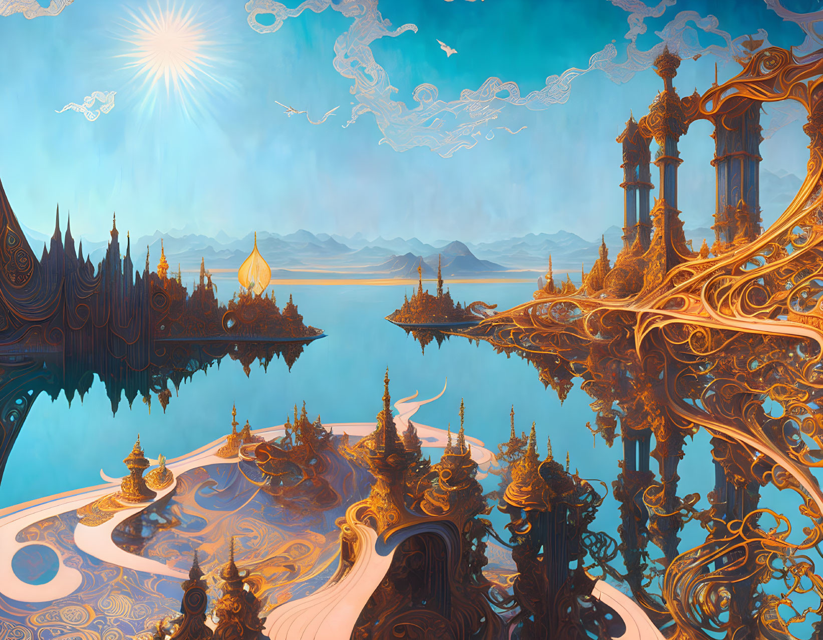 Ornate golden structures in fantastical landscape with floating islands