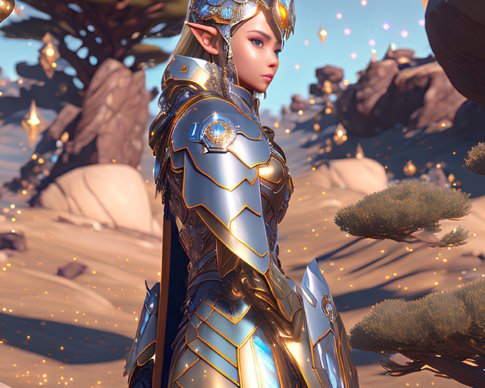 Golden-armored warrior in desert with crystals and vegetation.